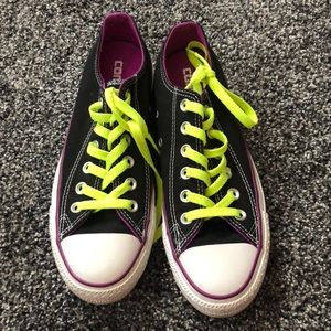 Black and purple and yellow converse